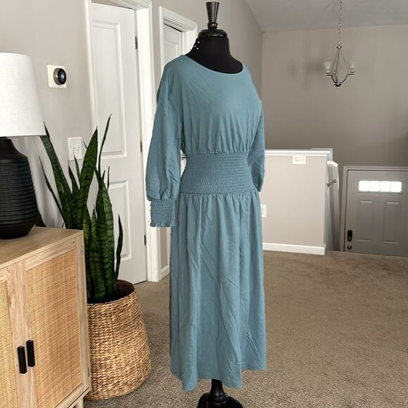 Ann Taylor Smocked Waist Flare Midi Dress Long Sleeve Linen Dress - Picture 4 of 5